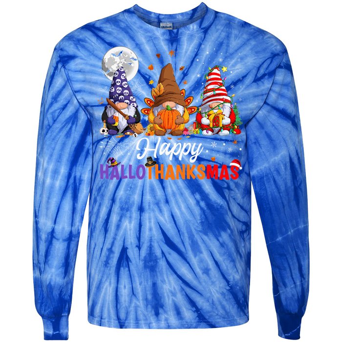 Halloween Thanksgiving Christmas Happy HalloThanksMas Gnomes Tie-Dye Long Sleeve Shirt