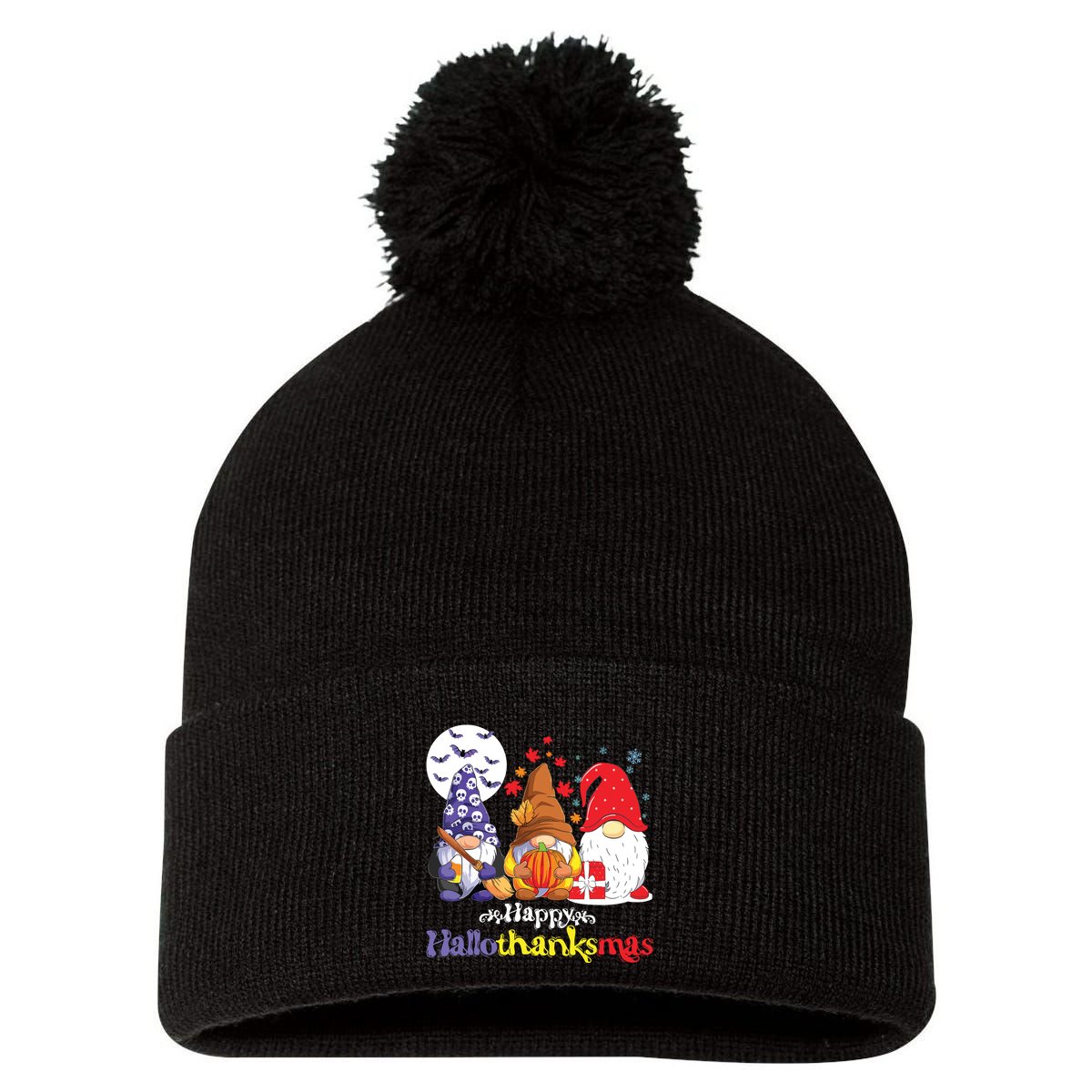 Halloween Thanksgiving Christmas Happy Hallothanksmas Gnomes Pom Pom 12in Knit Beanie