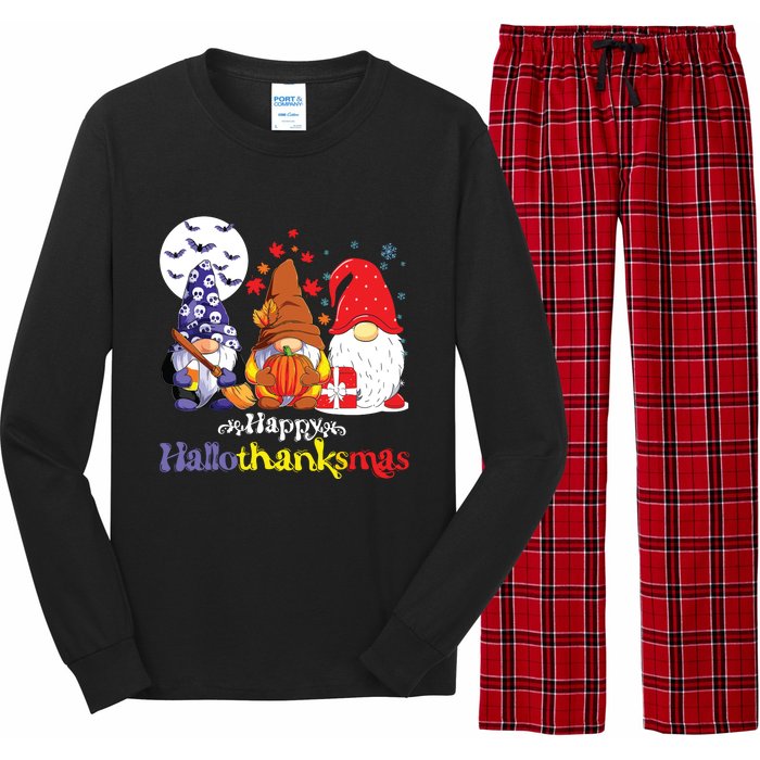 Halloween Thanksgiving Christmas Happy Halvlothanksmas Gnomes Long Sleeve Pajama Set