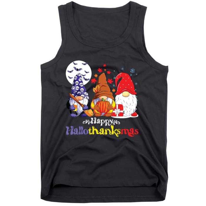 Halloween Thanksgiving Christmas Happy Halvlothanksmas Gnomes Tank Top