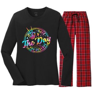 Have The Day You Deserve Skeleton Peace Hand Sign Tie Dye Women's Long Sleeve Flannel Pajama Set 