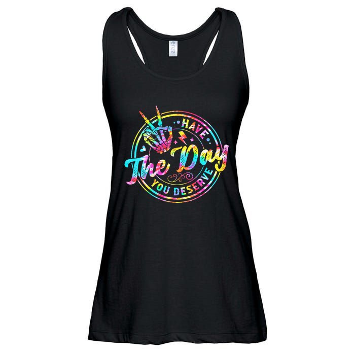 Have The Day You Deserve Skeleton Peace Hand Sign Tie Dye Ladies Essential Flowy Tank