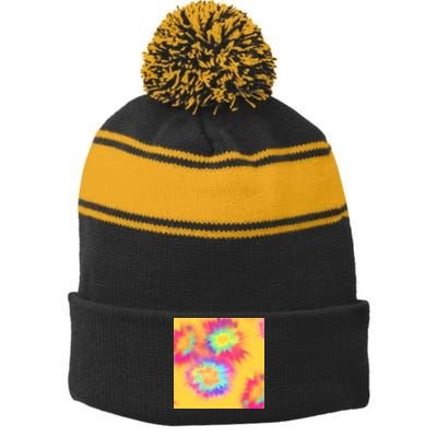 Hippie Tye Dye Neon Pattern Stripe Pom Pom Beanie