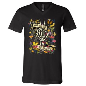 Have The Day You Deserve Floral Skeleton V-Neck T-Shirt