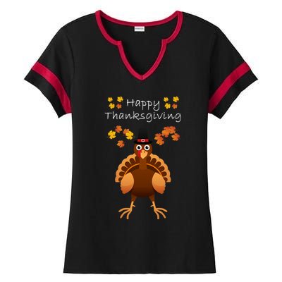 Happy Thanksgiving Day Funny Cute Pilgrim Turkey Ladies Halftime Notch Neck Tee