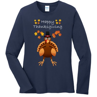 Happy Thanksgiving Day Funny Cute Pilgrim Turkey Ladies Long Sleeve Shirt