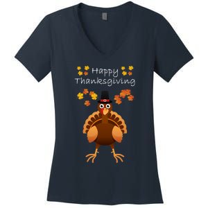 Happy Thanksgiving Day Funny Cute Pilgrim Turkey Women's V-Neck T-Shirt