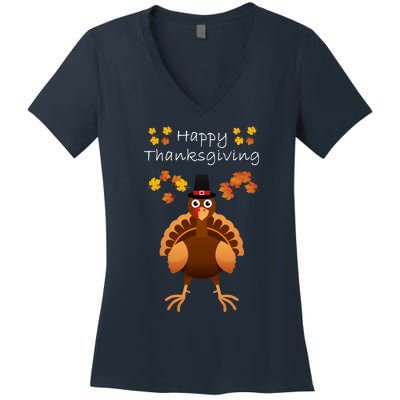 Happy Thanksgiving Day Funny Cute Pilgrim Turkey Women's V-Neck T-Shirt