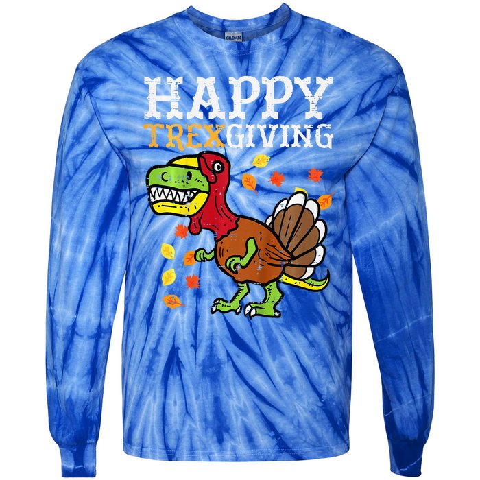 Happy Trexgiving Dino Turkey Thanksgiving Tie-Dye Long Sleeve Shirt