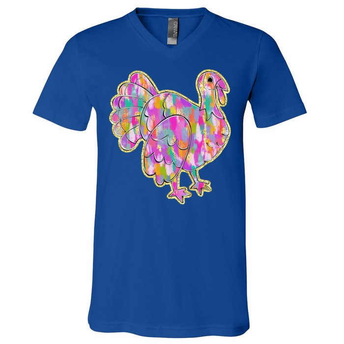 Happy Thanksgiving Day Colorful Turkey Funny Gift V-Neck T-Shirt