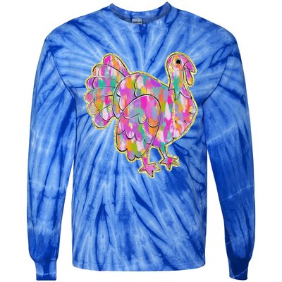 Happy Thanksgiving Day Colorful Turkey Funny Gift Tie-Dye Long Sleeve Shirt