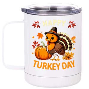 Happy Turkey Day Cute Pilgrim Turkey Thanksgiving Holiday Meaningful Gift 12 oz Stainless Steel Tumbler Cup