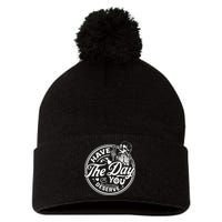 Have The Day You Deserve Peace Sign Skeleton Motivational Pom Pom 12in Knit Beanie