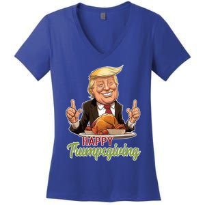 Happy Trumpsgiving Donald Trump Dinner With Turkey Cute Gift Women's V-Neck T-Shirt