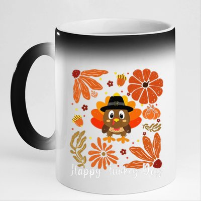 Happy Turkey Day Boho Floral Turkey Thankful Autumn Vibes 11oz Black Color Changing Mug