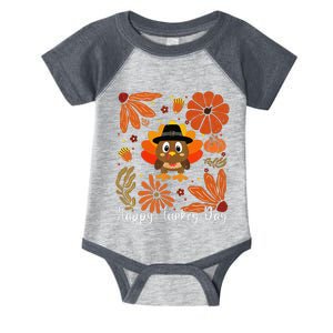 Happy Turkey Day Boho Floral Turkey Thankful Autumn Vibes Infant Baby Jersey Bodysuit