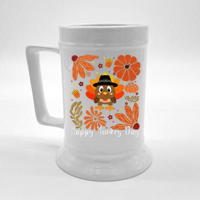 Happy Turkey Day Boho Floral Turkey Thankful Autumn Vibes Beer Stein