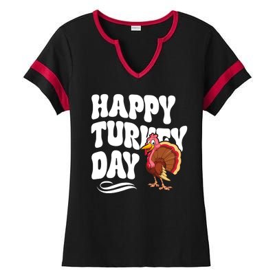 Happy Turkey Day Thanksgiving Holiday Ladies Halftime Notch Neck Tee