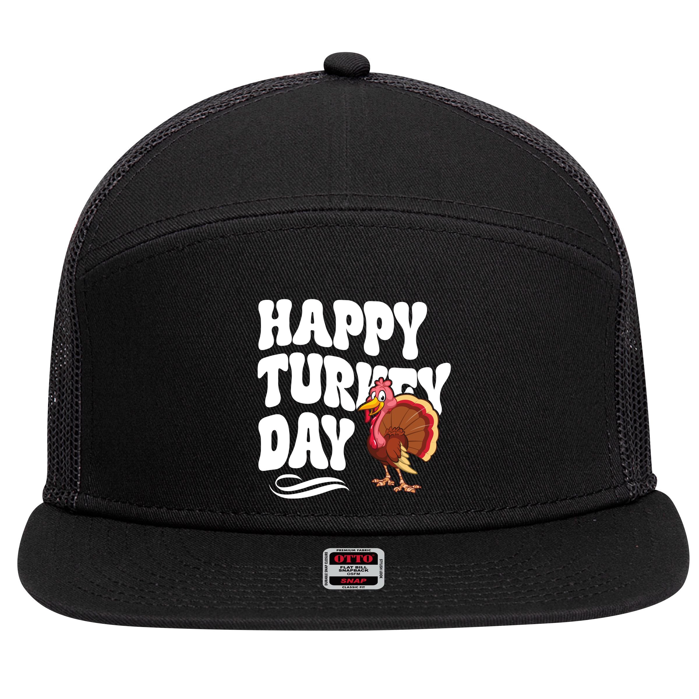 Happy Turkey Day Thanksgiving Holiday 7 Panel Mesh Trucker Snapback Hat