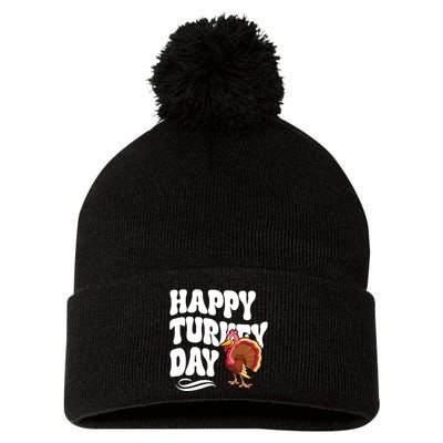 Happy Turkey Day Thanksgiving Holiday Pom Pom 12in Knit Beanie