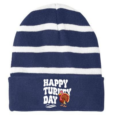 Happy Turkey Day Thanksgiving Holiday Striped Beanie with Solid Band