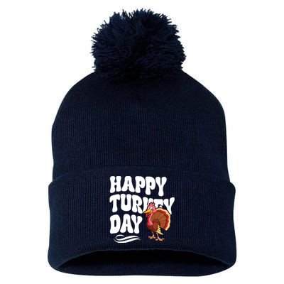 Happy Turkey Day Thanksgiving Holiday Pom Pom 12in Knit Beanie