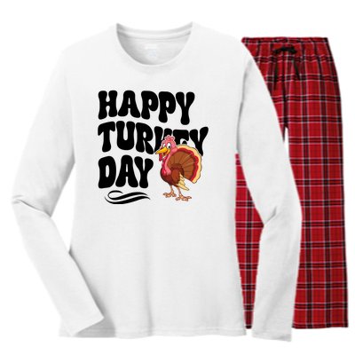 Happy Turkey Day Thanksgiving Holiday Women's Long Sleeve Flannel Pajama Set 