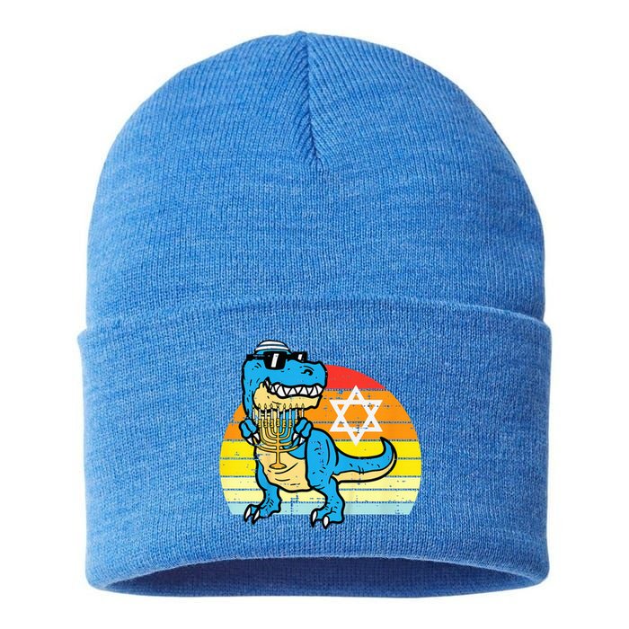  Hanukkah Trex Dino Retro Chanukah Jewish  Sustainable Knit Beanie