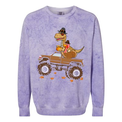 Happy Thanksgiving Dinosaur Turkey Riding Truck Colorblast Crewneck Sweatshirt