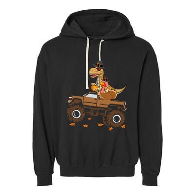 Happy Thanksgiving Dinosaur Turkey Riding Truck Garment-Dyed Fleece Hoodie