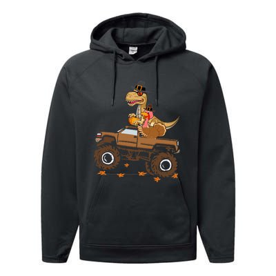 Happy Thanksgiving Dinosaur Turkey Riding Truck Performance Fleece Hoodie