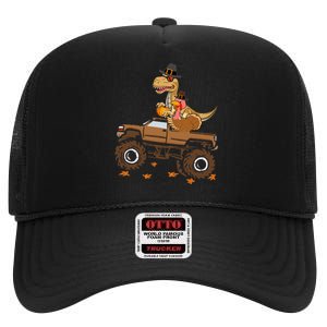 Happy Thanksgiving Dinosaur Turkey Riding Truck High Crown Mesh Back Trucker Hat