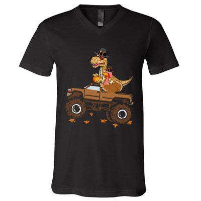 Happy Thanksgiving Dinosaur Turkey Riding Truck V-Neck T-Shirt