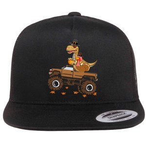 Happy Thanksgiving Dinosaur Turkey Riding Truck Flat Bill Trucker Hat