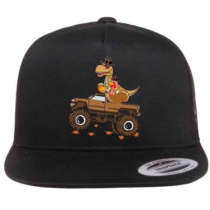 Happy Thanksgiving Dinosaur Turkey Riding Truck Flat Bill Trucker Hat