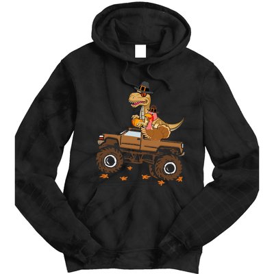 Happy Thanksgiving Dinosaur Turkey Riding Truck Tie Dye Hoodie