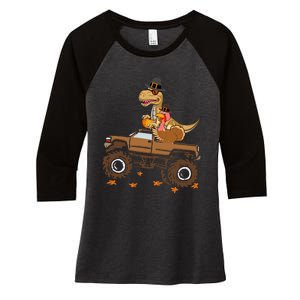 Happy Thanksgiving Dinosaur Turkey Riding Truck Women's Tri-Blend 3/4-Sleeve Raglan Shirt