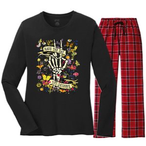 Have The Day You Deserve Skeleton Peace Hand Sign Floral Women's Long Sleeve Flannel Pajama Set 