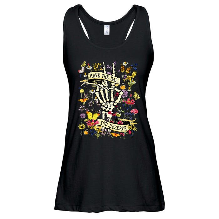 Have The Day You Deserve Skeleton Peace Hand Sign Floral Ladies Essential Flowy Tank