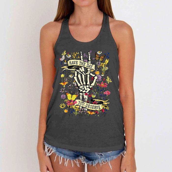 Have The Day You Deserve Skeleton Peace Hand Sign Floral Women's Knotted Racerback Tank