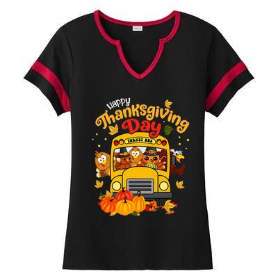 Happy Thanksgiving Day Funny Turkey School Bus Driver Gifts Ladies Halftime Notch Neck Tee