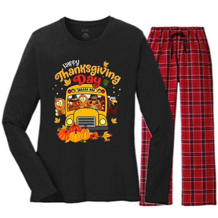 Happy Thanksgiving Day Funny Turkey School Bus Driver Gifts Women's Long Sleeve Flannel Pajama Set 