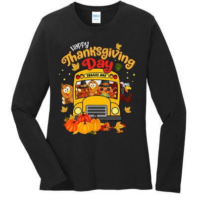 Happy Thanksgiving Day Funny Turkey School Bus Driver Gifts Ladies Long Sleeve Shirt