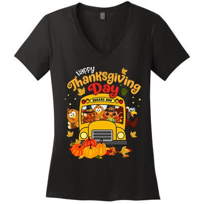 Happy Thanksgiving Day Funny Turkey School Bus Driver Gifts Women's V-Neck T-Shirt