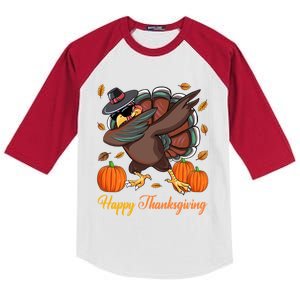 Happy Thanksgiving Day Dabbing Turkey Sunglasses Pumpkin Gift Kids Colorblock Raglan Jersey