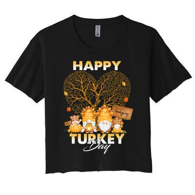 Happy Turkey Day Thanksgiving Day Gnomes Pumpkin Autumn Women's Crop Top Tee