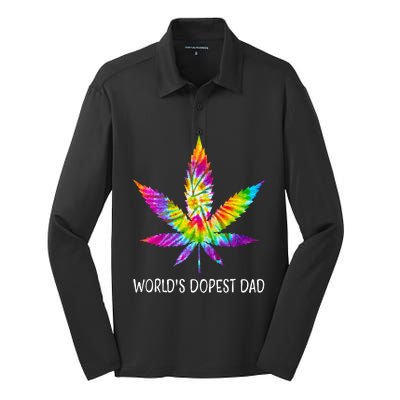 Hippie Tie Dye 420 Worlds Dopest Dad Funny Marijuana Leaf Silk Touch Performance Long Sleeve Polo