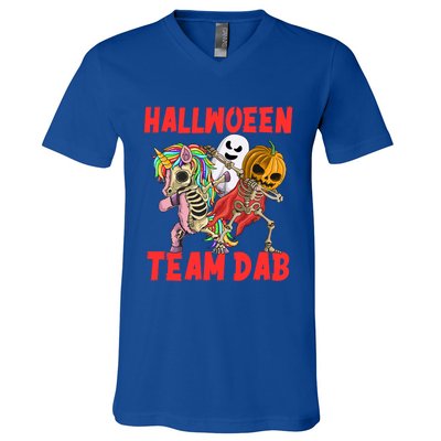 Halloween Team Dab Zombie Unicorn And Skeleton Pumpkin Great Gift V-Neck T-Shirt