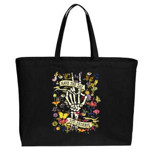 Have The Day You Deserve Skeleton Peace Hand Sign Floral Cotton Canvas Jumbo Tote