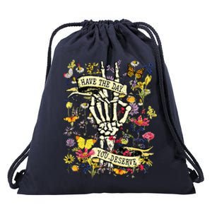 Have The Day You Deserve Skeleton Peace Hand Sign Floral Drawstring Bag